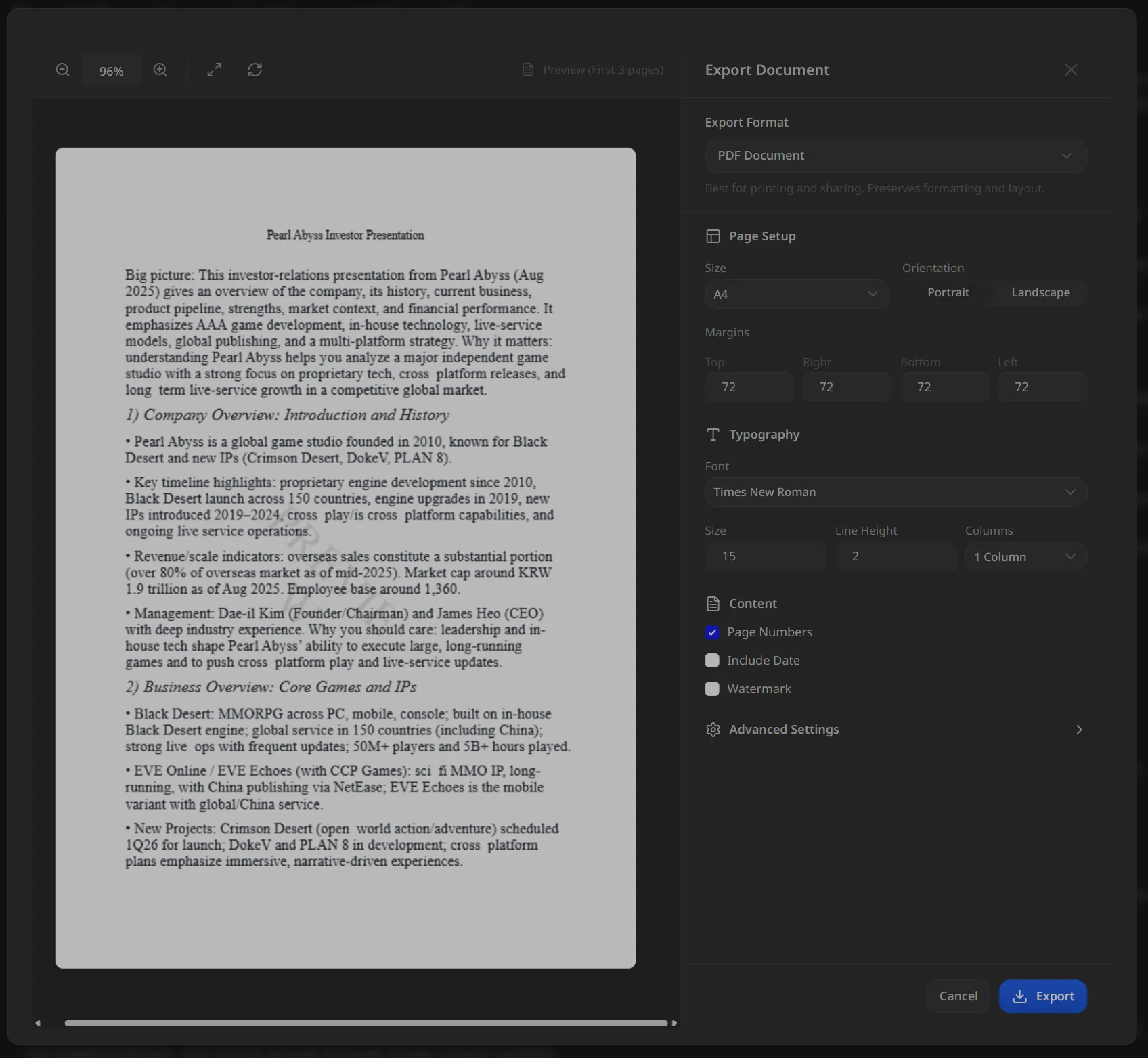 New Export Page
