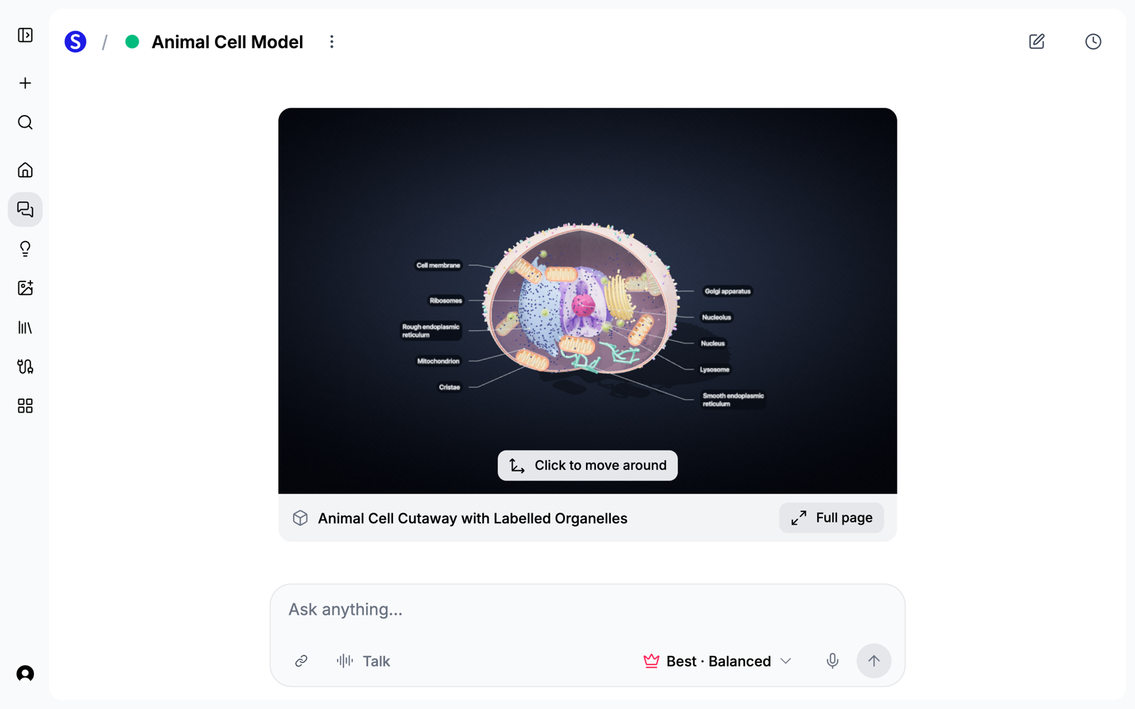 A labeled 3D cutaway of an animal cell, shown inside a Scholarly chat