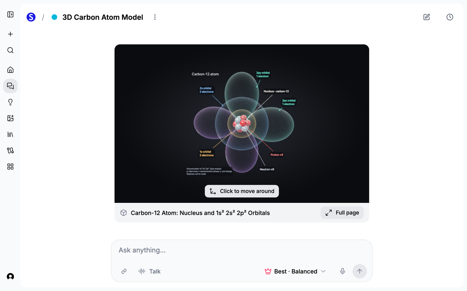 A labeled 3D model of a carbon atom with its nucleus and electron orbitals