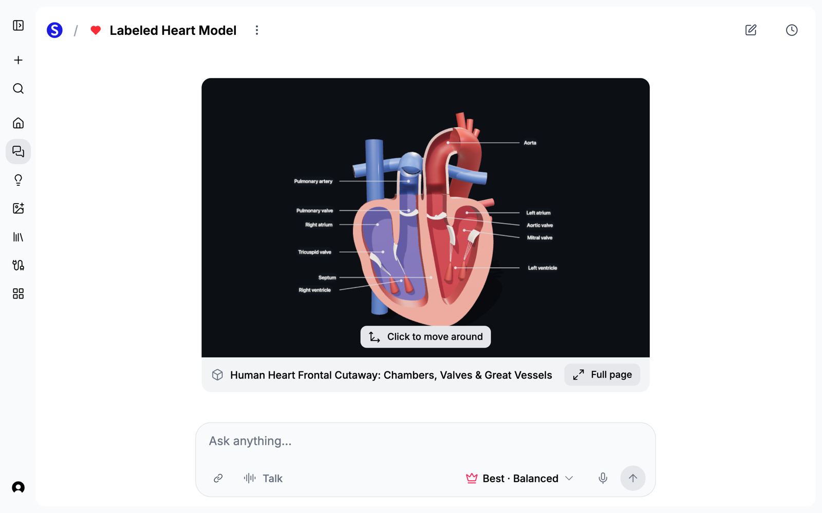 A labeled 3D heart cutaway with its chambers, valves, and great vessels