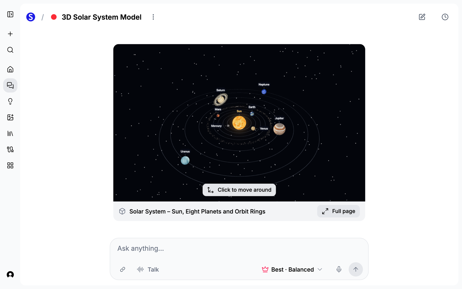 A labeled 3D model of the solar system with the planets on their orbit rings
