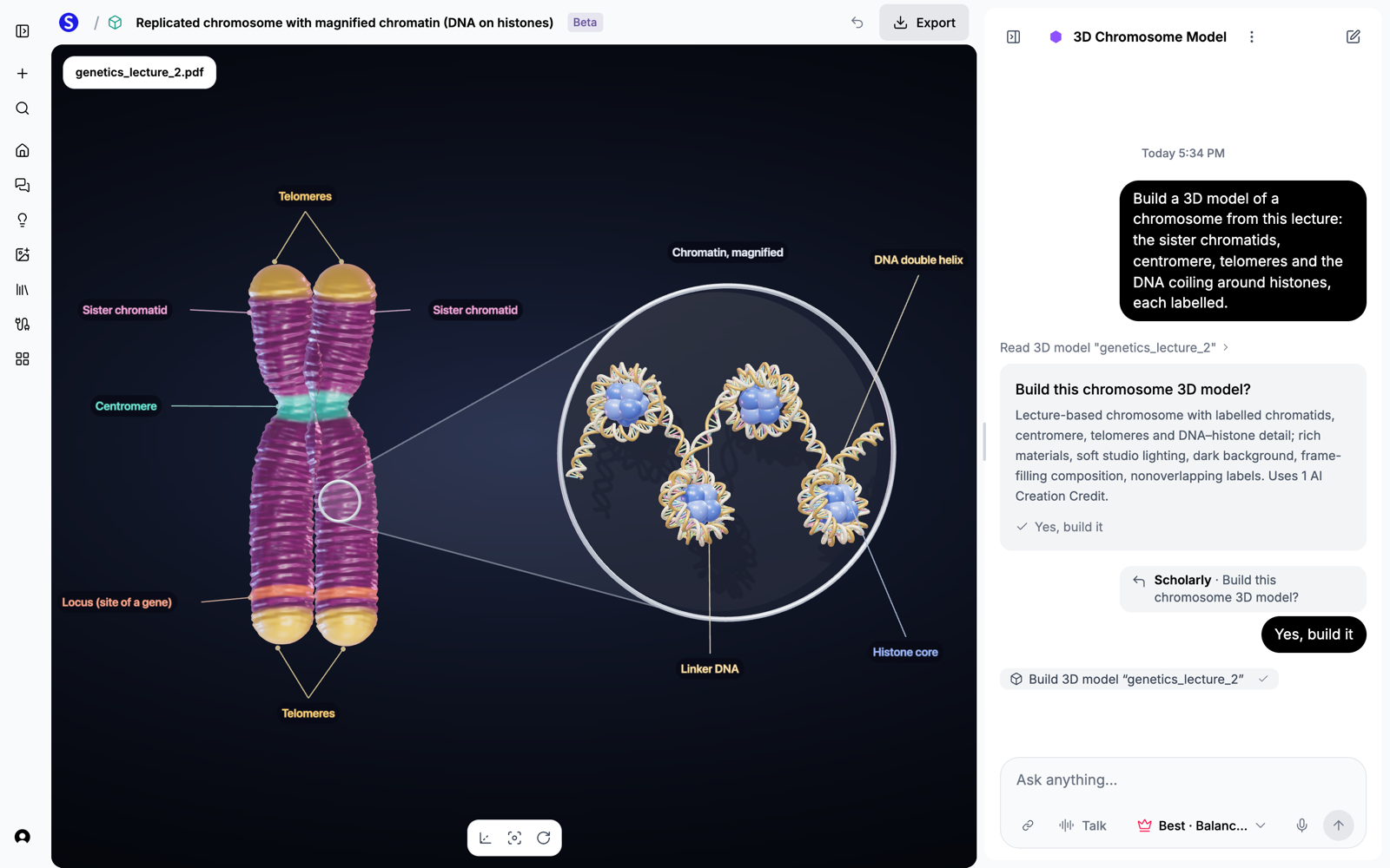 A 3D chromosome built from a genetics lecture PDF, with a magnified view of DNA around histones