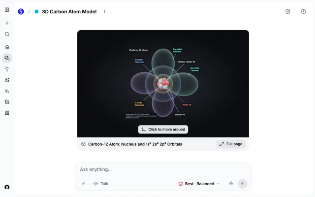A labeled 3D model of an atom shown inside a chat message in Scholarly
