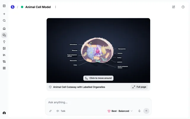 A labeled 3D model of a cell with its organelles, shown inside a chat message in Scholarly