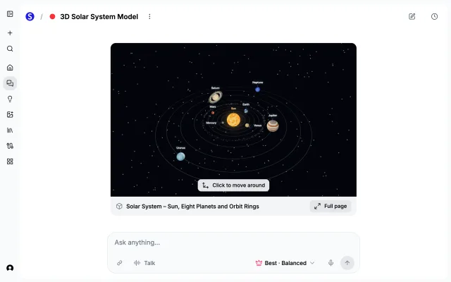 A labeled 3D model of the solar system shown inside a chat message in Scholarly