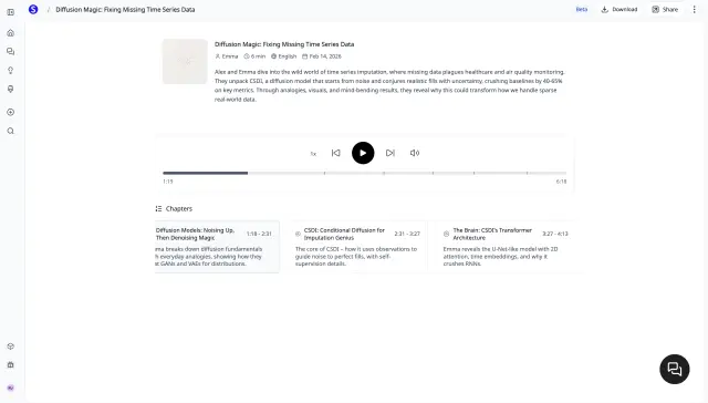 Scholarly AI Podcast Generator - Audio player with chapters and transcript