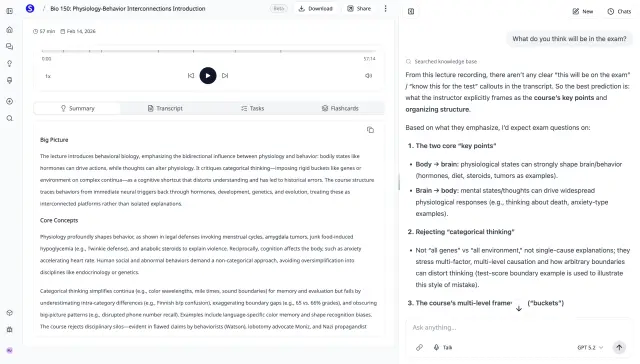 AI lecture recorder with transcript, chapter markers, summary, and AI chat